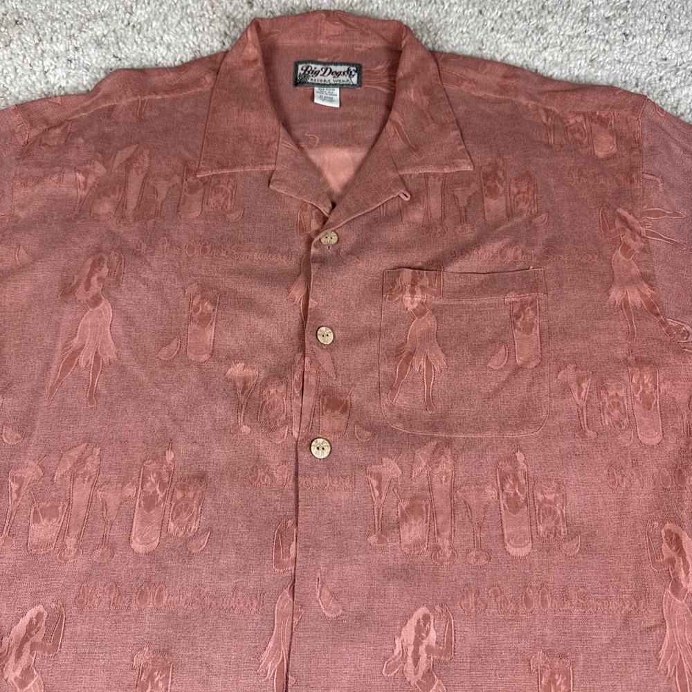 BIG DOGS Silk Hawaiian Shirt Sz XL  Dusty Terracotta Hula Dancers Cocktails